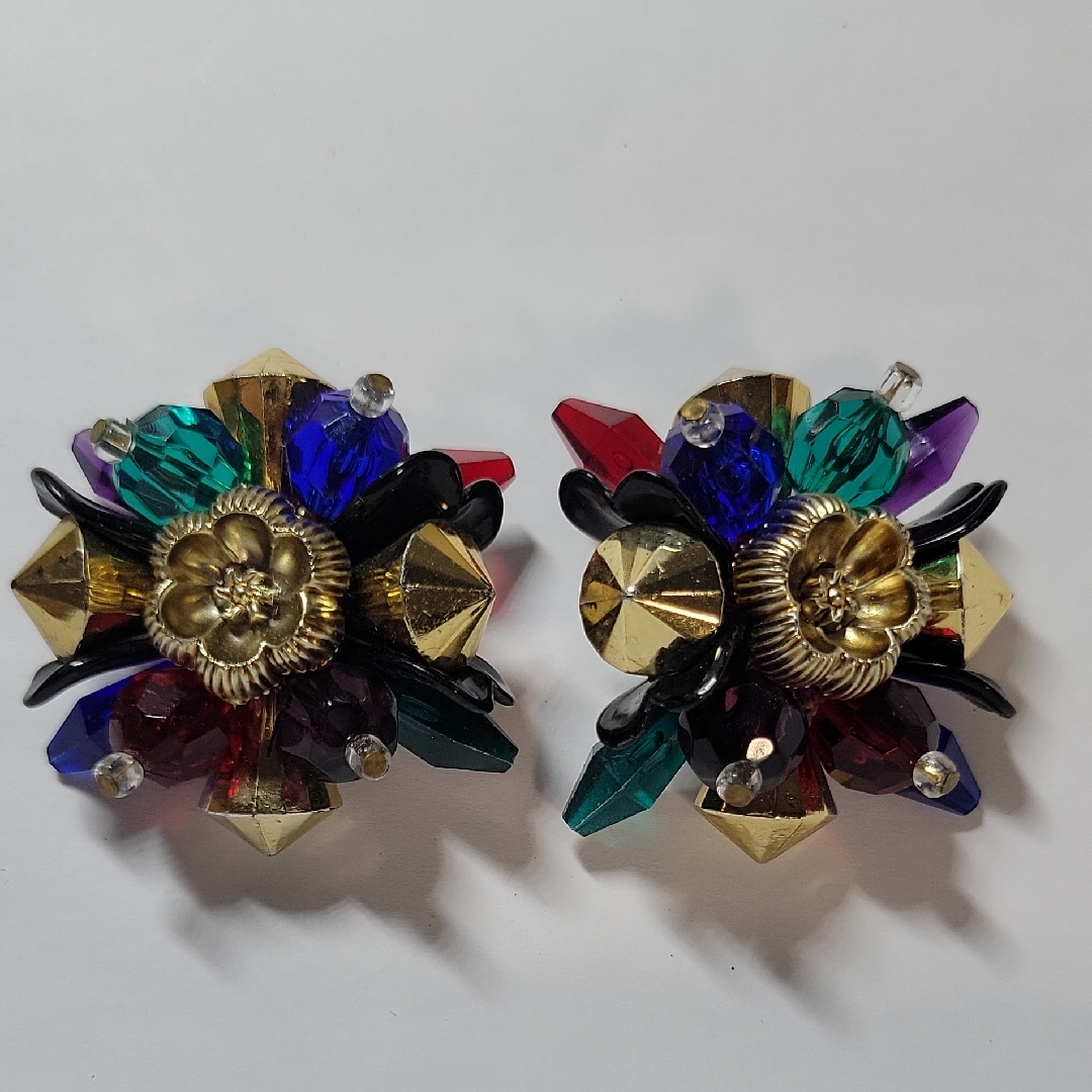 Multicolor Floral Crystal Cluster Clip-On Earrings